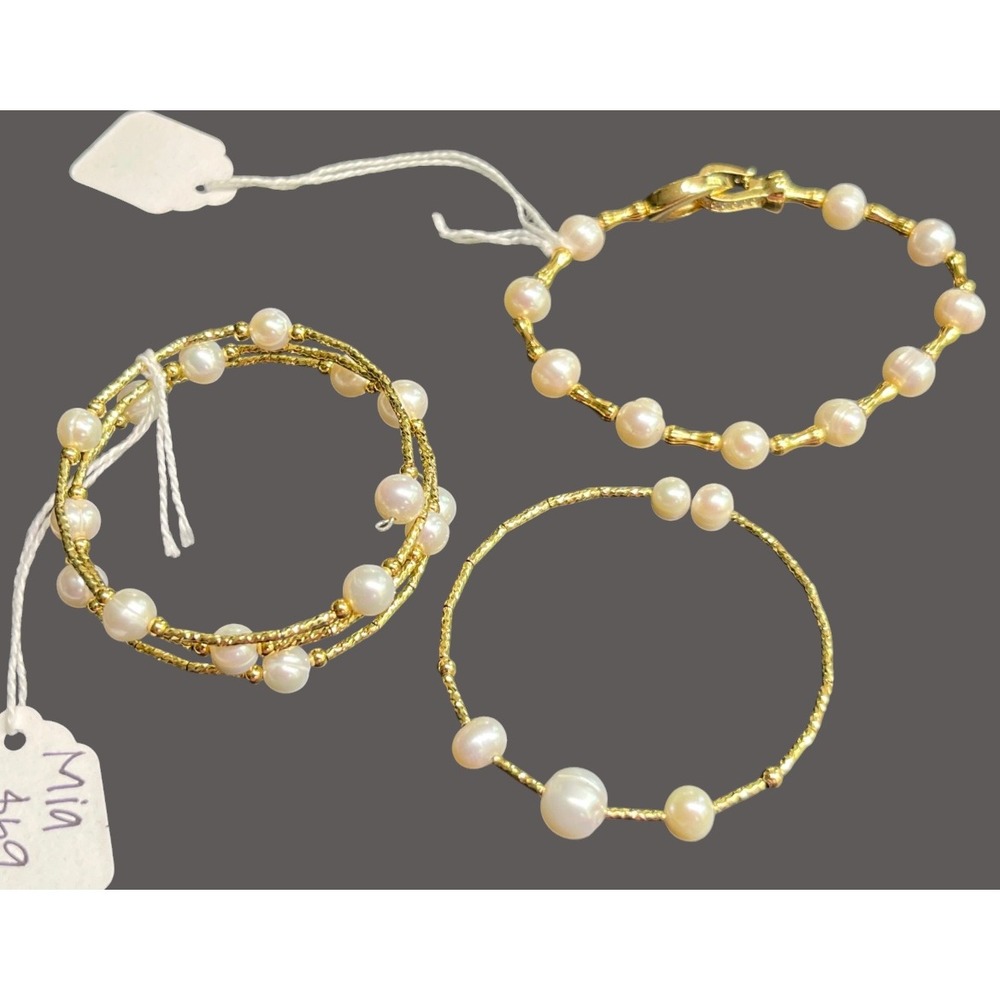 LOT OF 3 BRACELETS Gold Tone w/Genuine White Pearls WRAP TENNIS BANGLE Bracelet